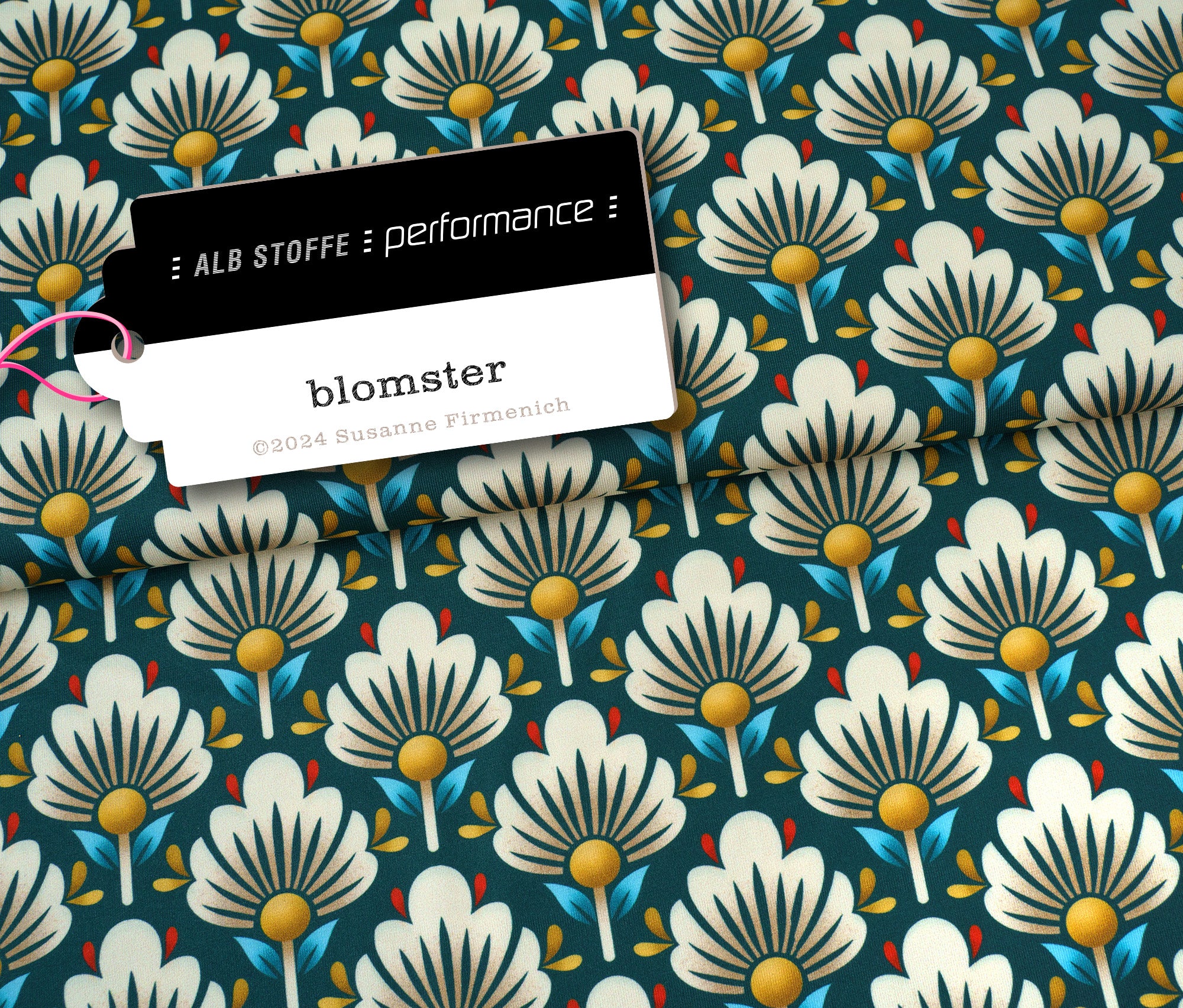 albstoffe-performance-blomster-petrol-activewear-stoff-meterware image 1