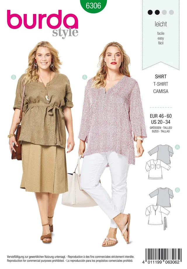 burda-6306-damen-t-shirt-blusenshirt-gr-46-60-papierschnitt image 1