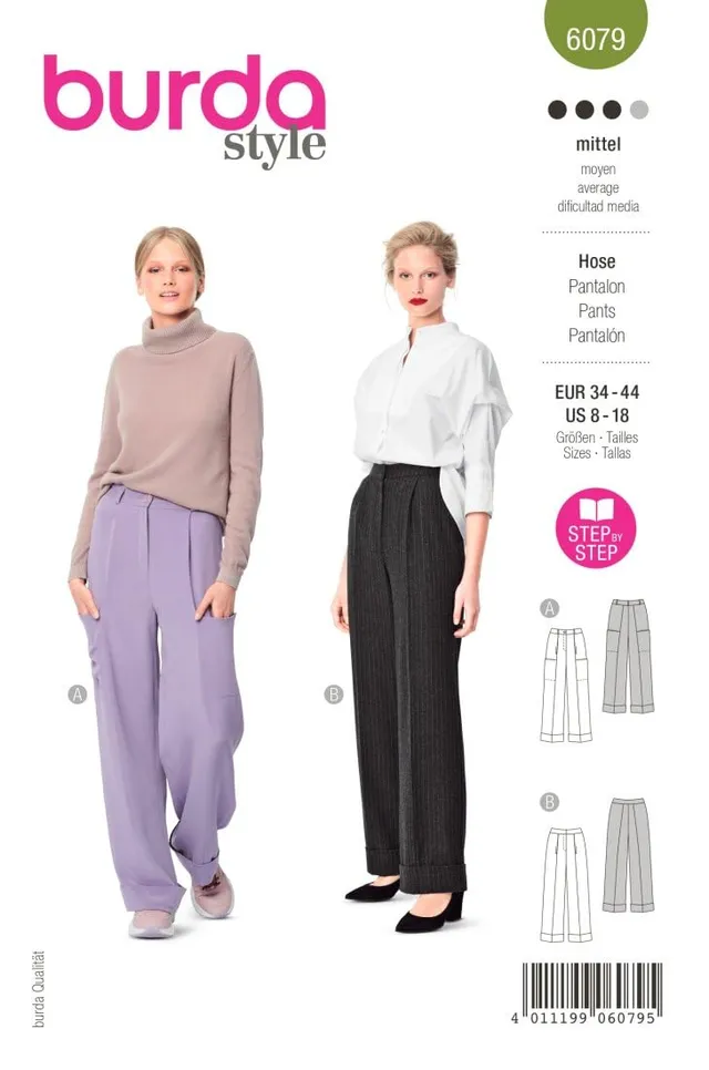 burda-style-6079-schnittmuster-bundfaltenhosenvariationen-damen-gr-34-44 image 1