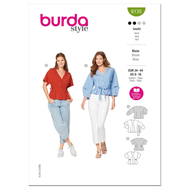 burda-style-schnittmuster-set-v-ausschnitt-blusen-mit-bindeg-rtel-damen-gr-34-44 image 1