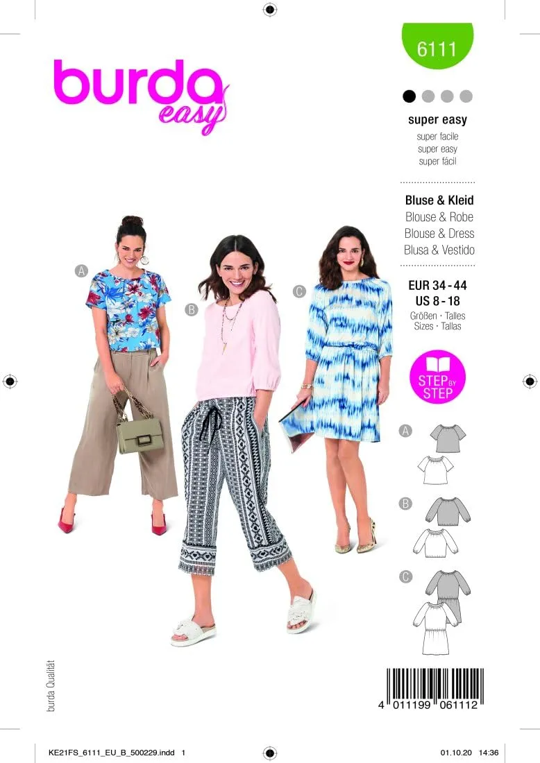burda-style-6111-schnittmuster-bluse-und-kleid-damen-gr-34-44-level-1-super-easy image 1