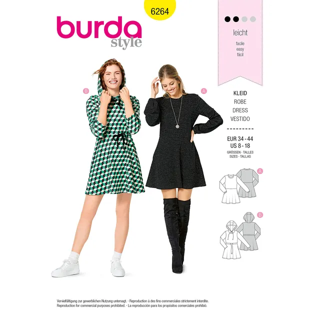 burda-style-schnittmuster-6264-shirtkleid-mit-kapuze-damen-34-44 image 1