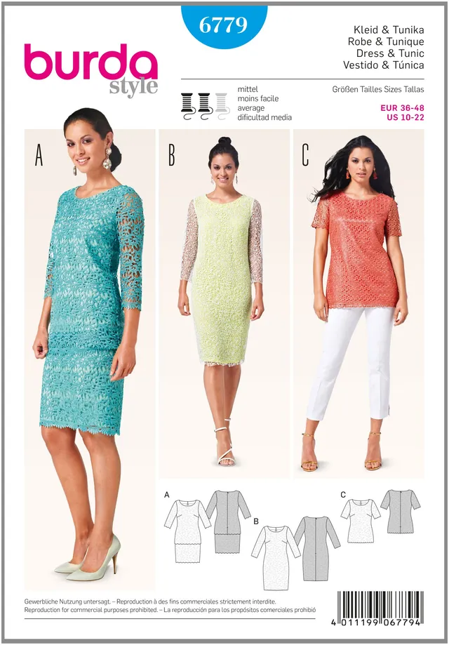 burda-style-6779-schnittmuster-kleid-tunika-aus-spitzenstoff-damen-gr-36-48 image 1