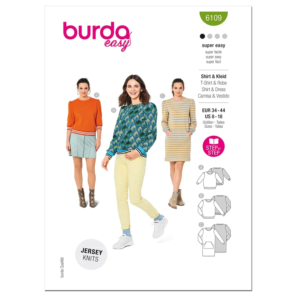 burda-easy-6109-schnittmuster-damen-shirt-kleid-gr-34-44-super-easy-jersey-schni image 1