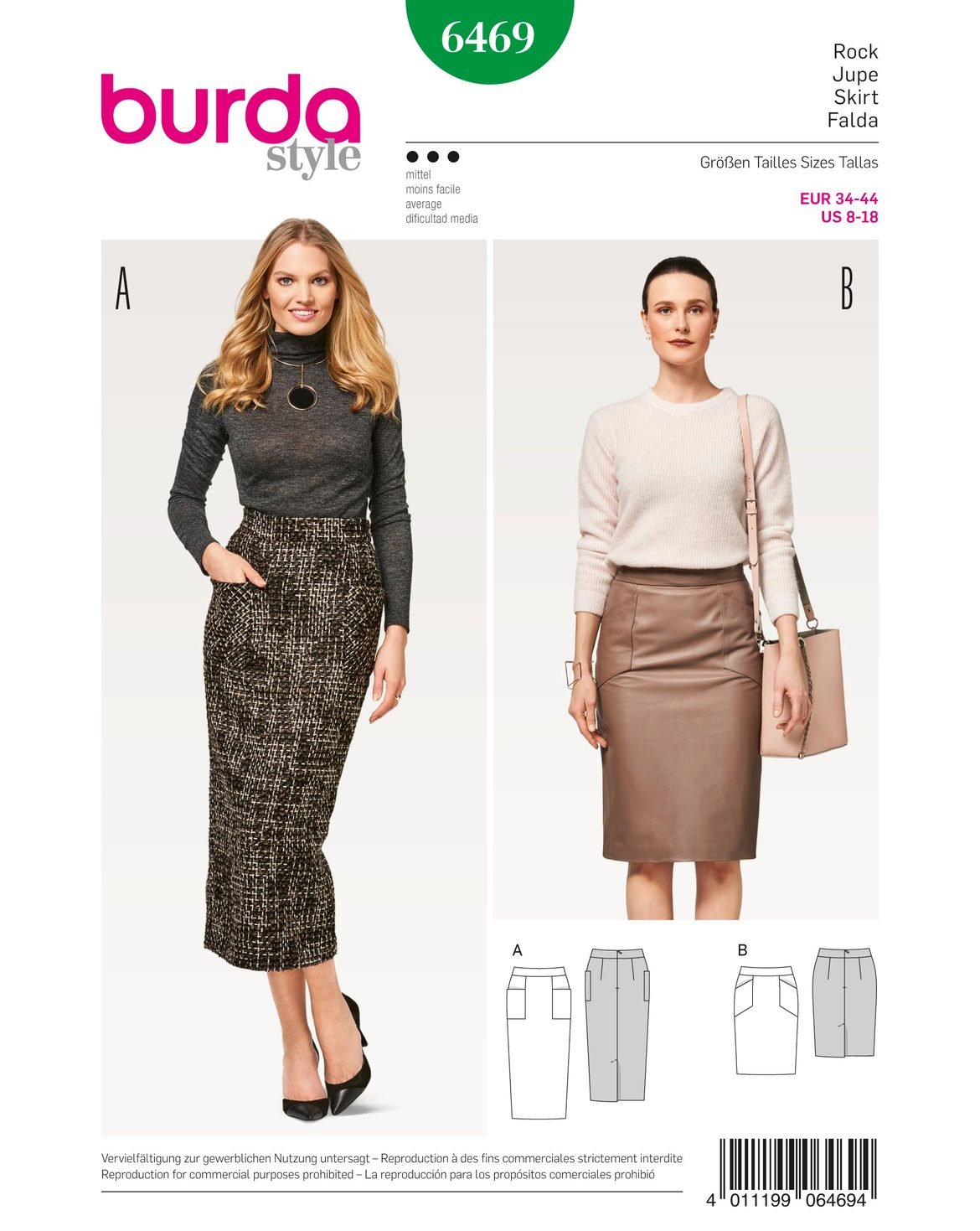 burda-6469-schnittmuster-damen-bleistiftrock-mit-taschen-gr-en-papierschnitt image 1