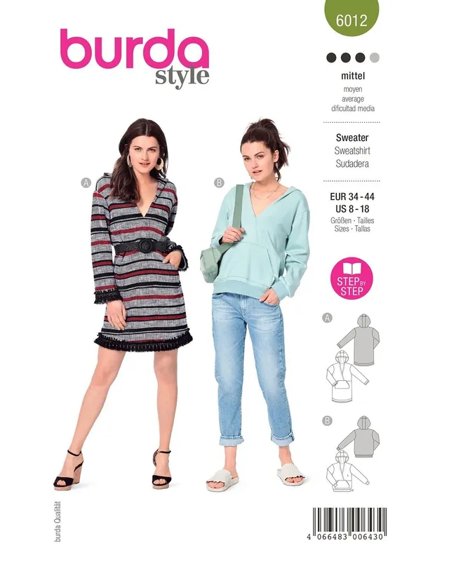burda-style-schnittmuster-6012-sweater-und-kapuzenkleid-damen-gr-34-44 image 1
