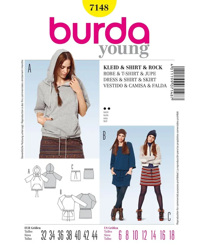burda-style-7148-kapuzenshirt-sweatshirtkleid-rock-schnittmuster-gr-32-44 image 1
