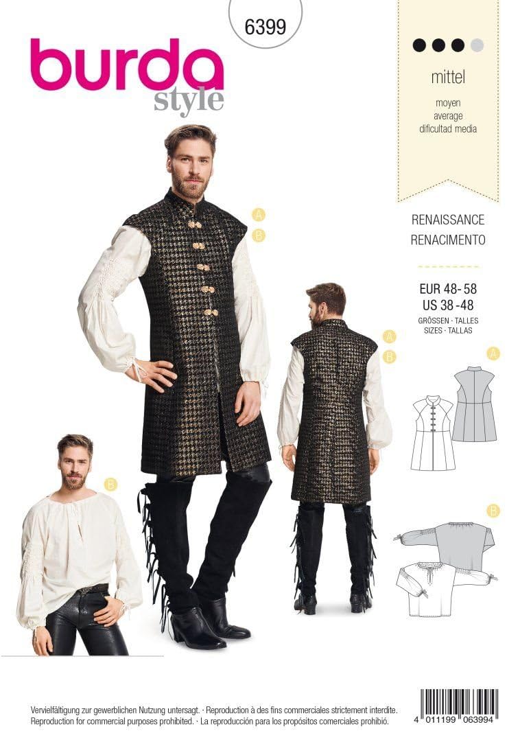 burda-style-6399-schnittmuster-herren-karneval-kost-m-renaissance-hemd-und-weste image 1