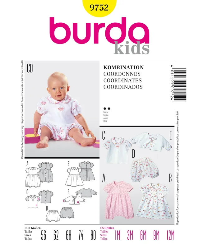 burda-style-schnittmuster-9752-baby-kombination-gr-56-80-strampler-shirt-hose-un image 1
