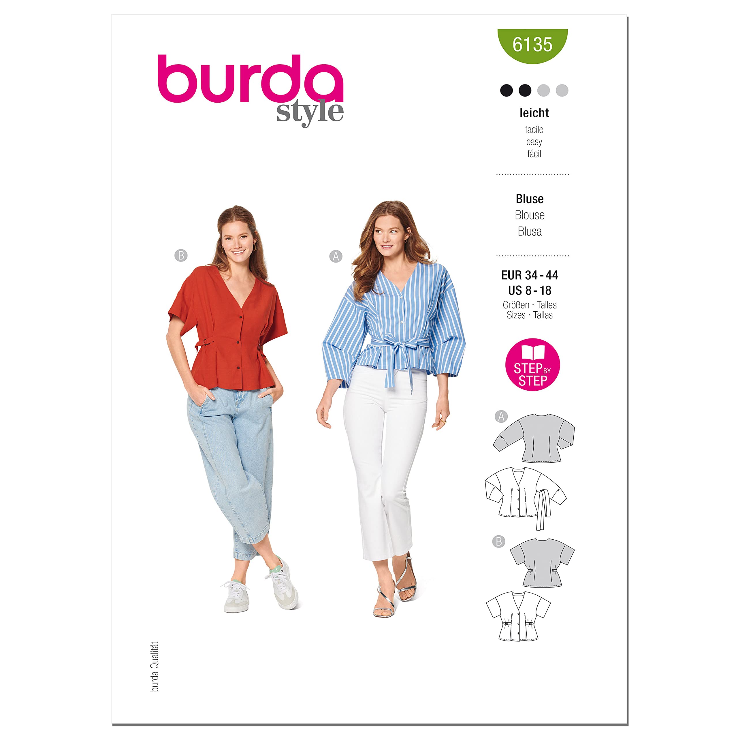 burda-style-schnittmuster-set-v-ausschnitt-blusen-mit-bindeg-rtel-damen-gr-34-44 image 1