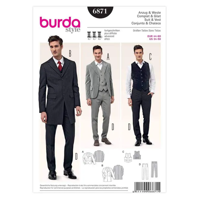 burda-style-schnittmuster-6871-herren-anzug-sakko-weste-hose-gr-44-60 image 1