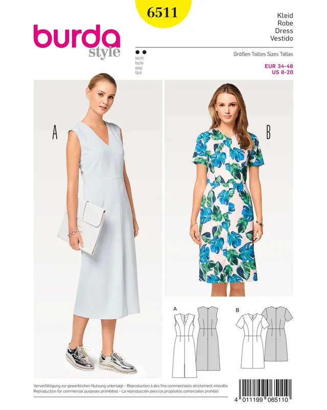 burda-style-6511-damen-schnittmuster-kleid-mit-v-ausschnitt-und-4-bahnenrock-gr- image 1