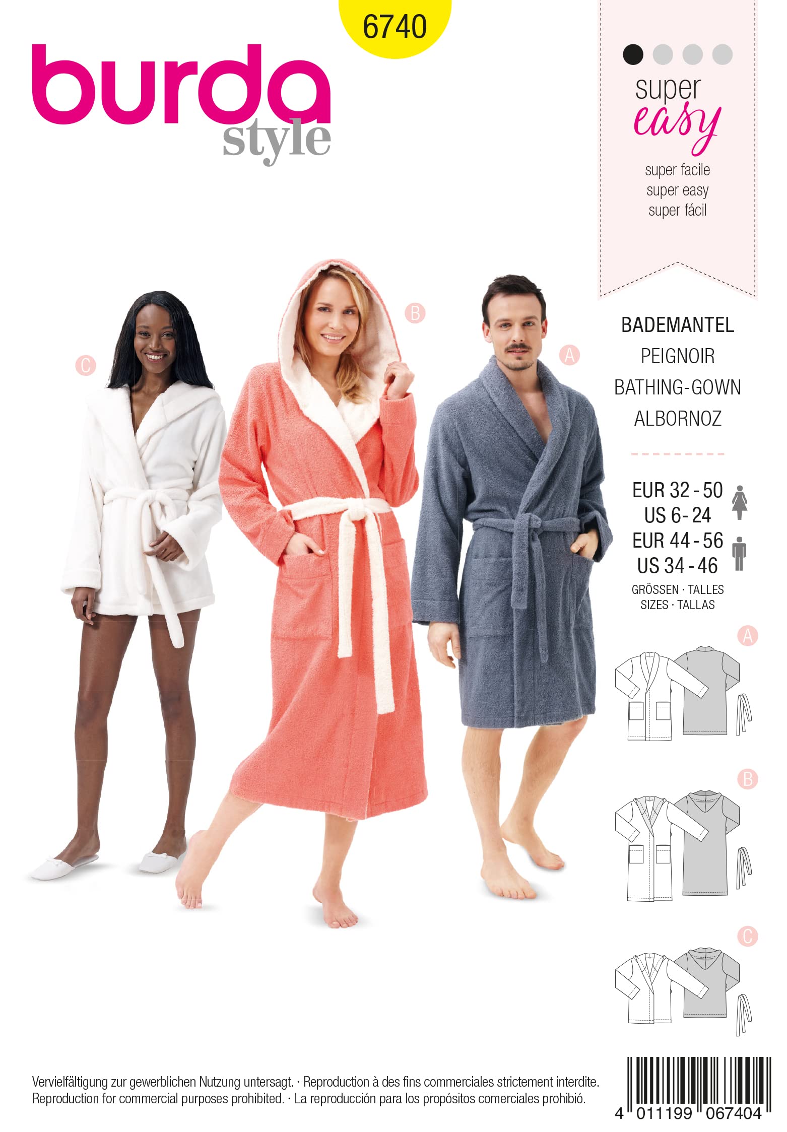 burda-easy-6740-schnittmuster-bademantel-damen-herren-gr-xs-xl image 1