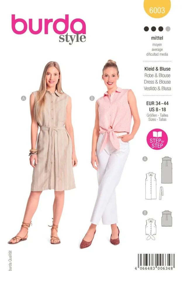 burda-style-schnittmuster-6003-blusenkleid-mit-bindeg-rtel-und-knotenbluse-34-44 image 1