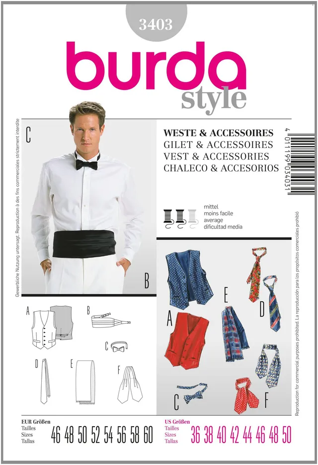 burda-style-3403-schnittmuster-herren-weste-anzug-accessoires-gr-46-60 image 1