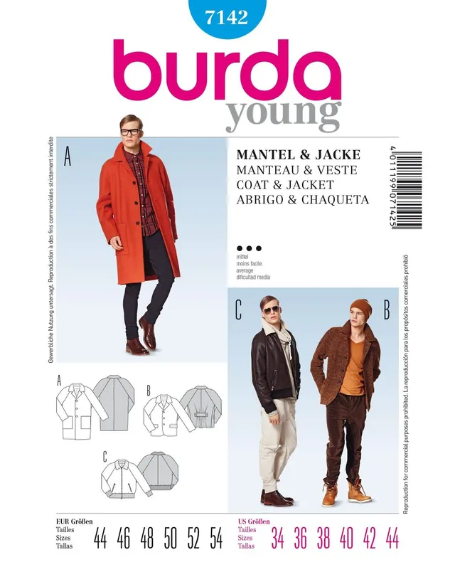 burda-style-7142-schnittmuster-kurzmantel-jackett-und-blouson-herren-gr-44-54 image 1
