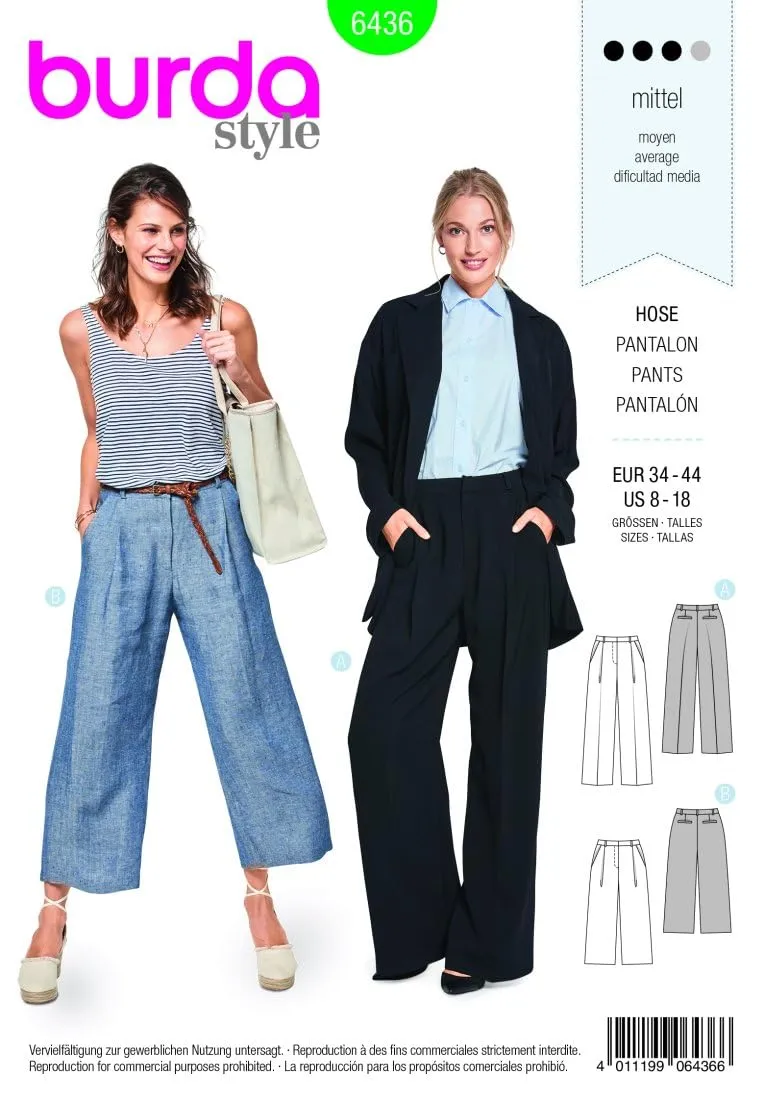 burda-style-6436-schnittmuster-damen-bundfaltenhose-und-culotte-gr-34-44 image 1