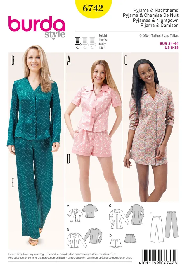 burda-style-schnittmuster-6742-damen-nachtw-sche-pyjama-top-hose-shorts-nachthem image 1