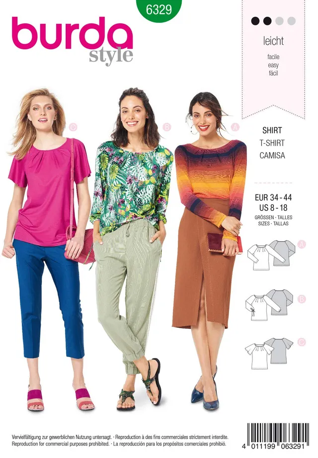 burda-style-6329-damen-schnittmuster-t-shirt-raglanshirt-mit-f-ltchen-gr-34-46 image 1