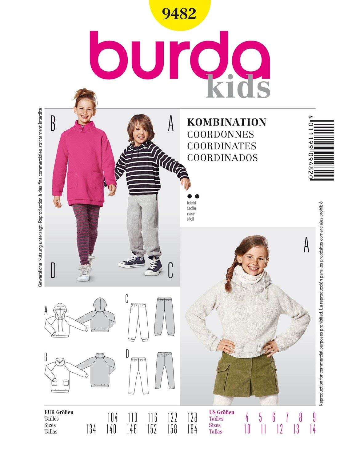 burda-9482-schnittmuster-kids-kapuzenshirt-shirtkleid-jogginghose-leggings-gr-10 image 1
