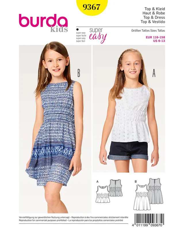 burda-style-9367-schnittmuster-top-und-kleid-mit-gummismok-f-r-kids-gr-116-158 image 1