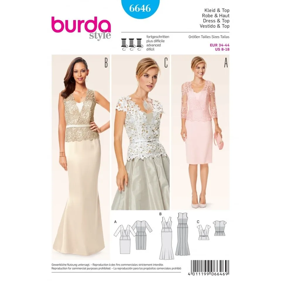 burda-style-6646-schnittmuster-damen-abend-kleid-spitzen-oberteil-gr-34-44 image 1
