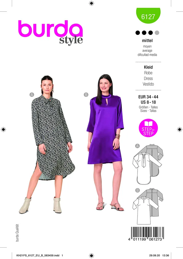 burda-style-schnittmuster-set-kleid-damen-gr-34-44-2-looks-bindekragen-stehkrage image 1