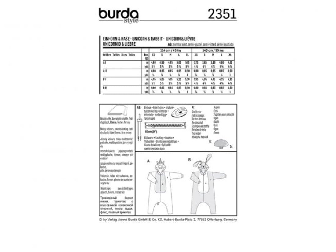 burda-style-2351-schnittmuster-fasching-einhorn-hase-damen-herren-xs-xl image 2