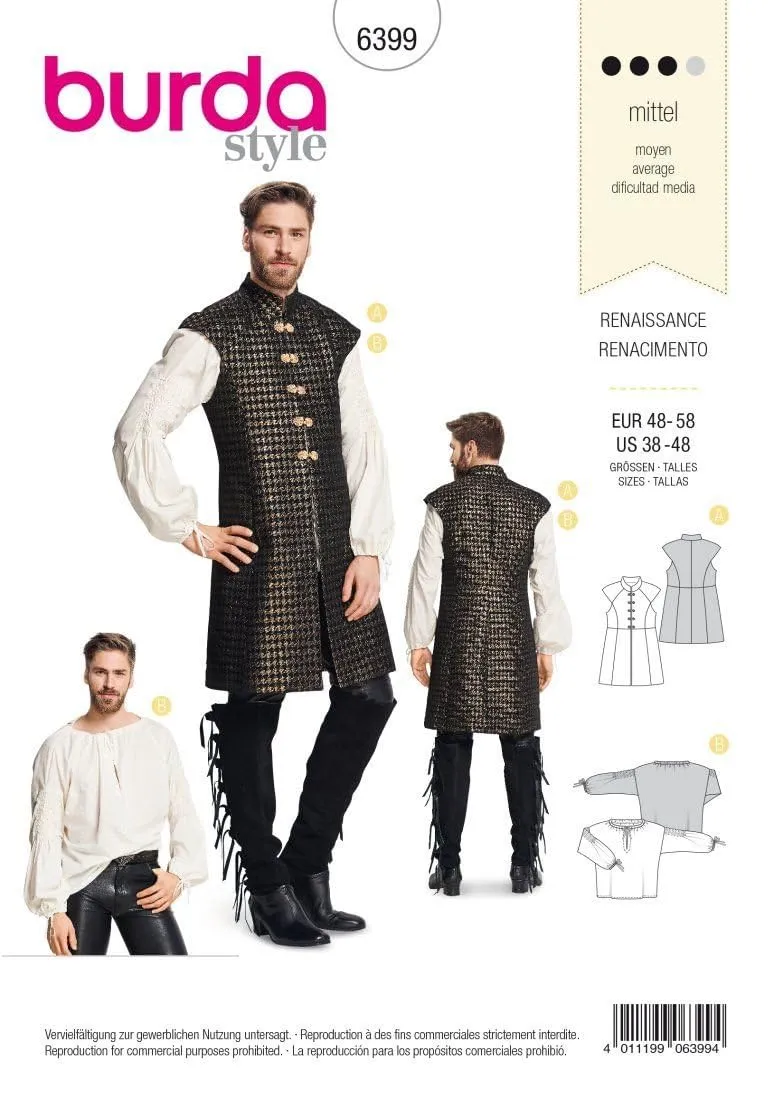 burda-style-6399-schnittmuster-herren-karneval-kost-m-renaissance-hemd-und-weste image 1