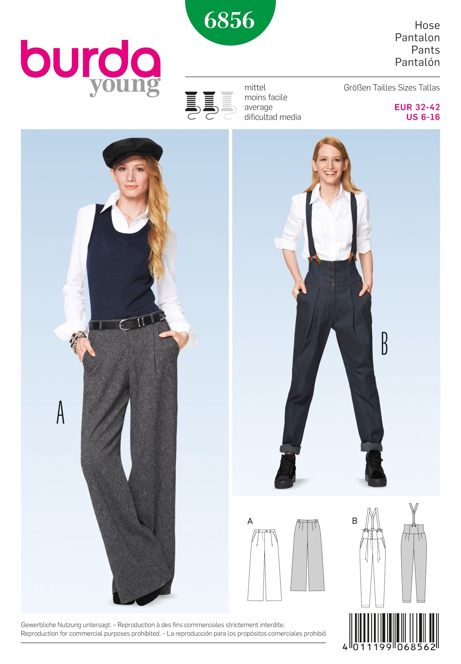 burda-style-6856-schnittmuster-damen-hose-bundfalten-marlene-hose-hosentr-ger image 1