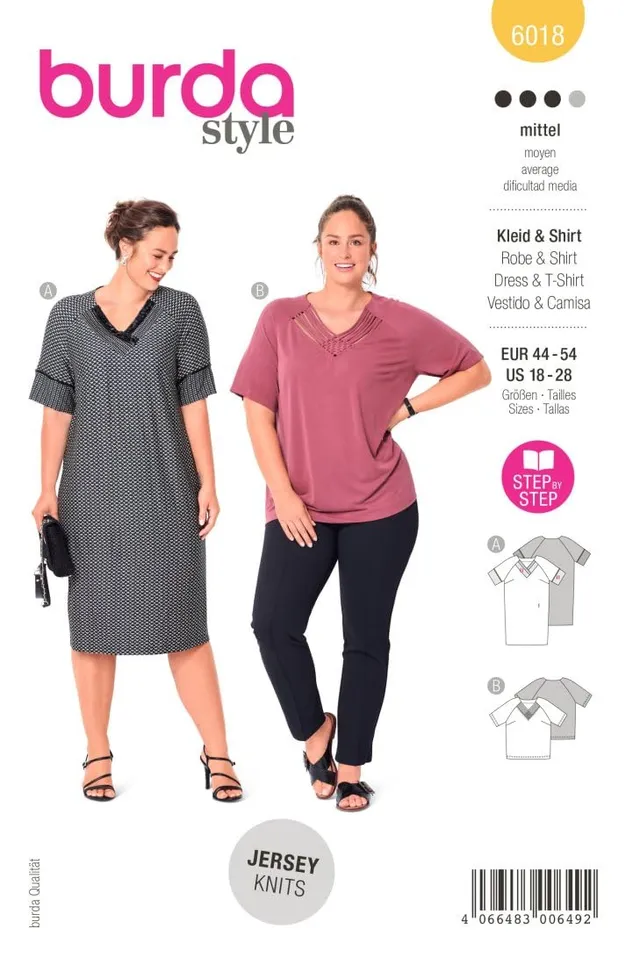 burda-style-schnittmuster-6018-kurzarm-midikleid-und-bluse-mit-zier-ausschnitt-d image 1