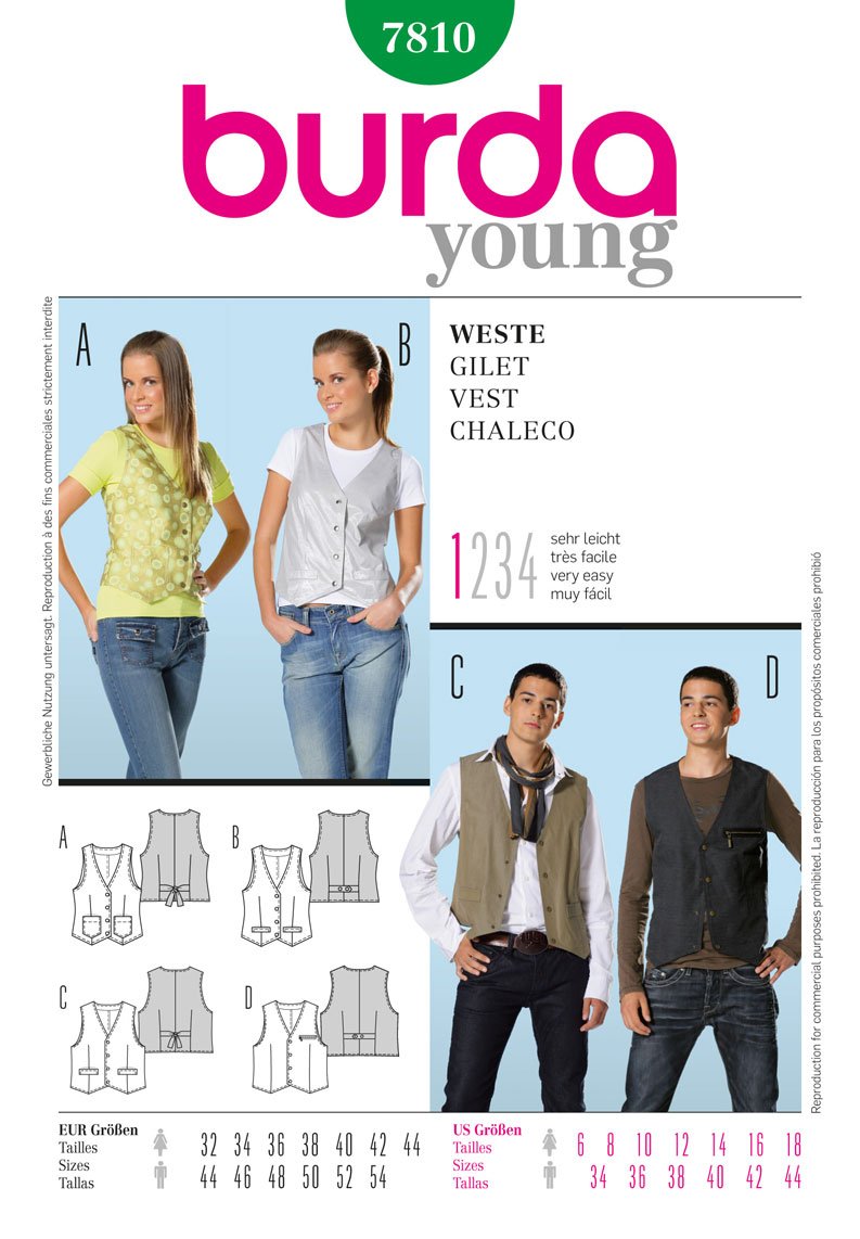 burda-style-young-schnittmuster-7810-weste-damen-herren-gr-32-44-44-54 image 1