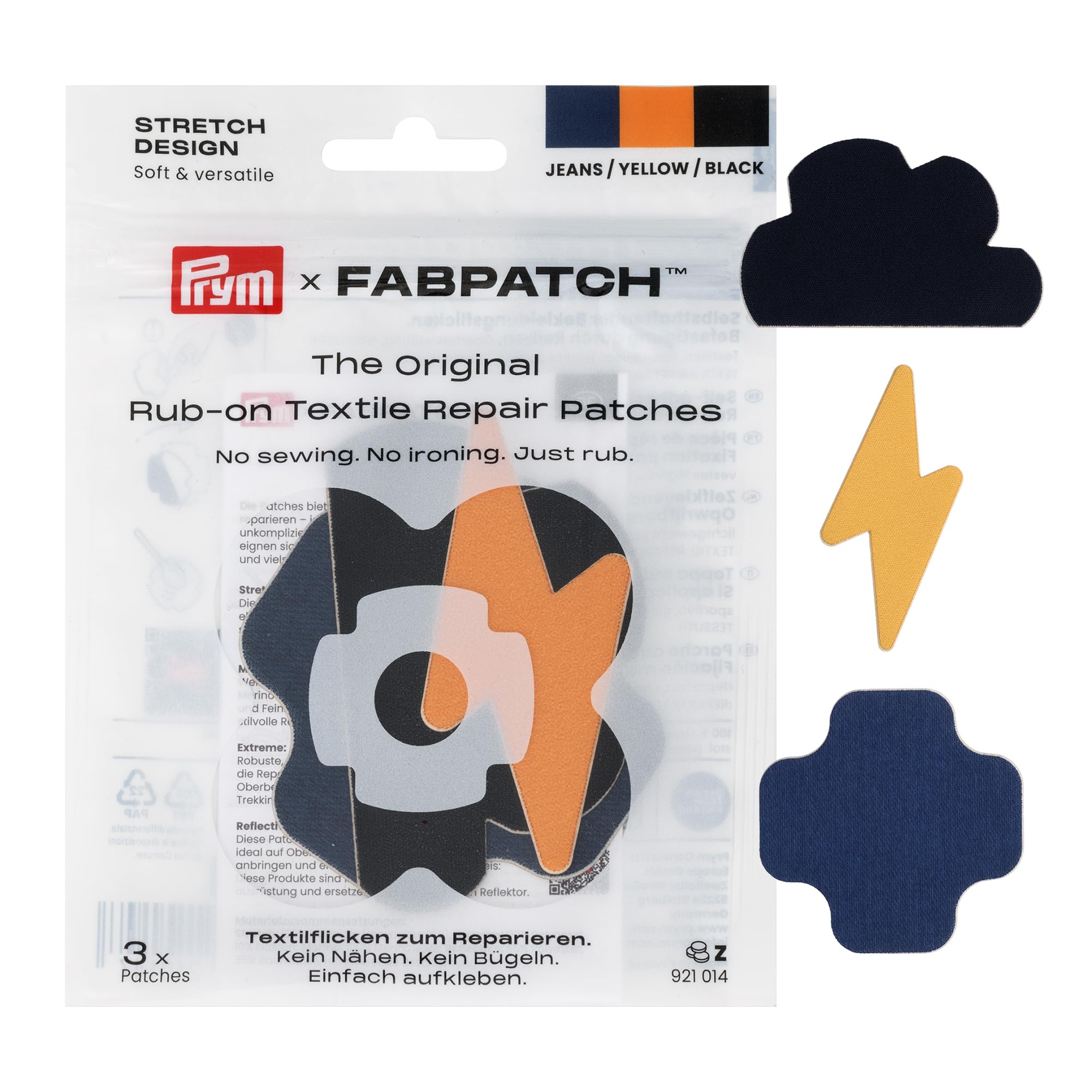 prym-fabpatch-stretch-design-rub-on-patch-blitz-wolke-selbstklebende-reparaturfl image 1