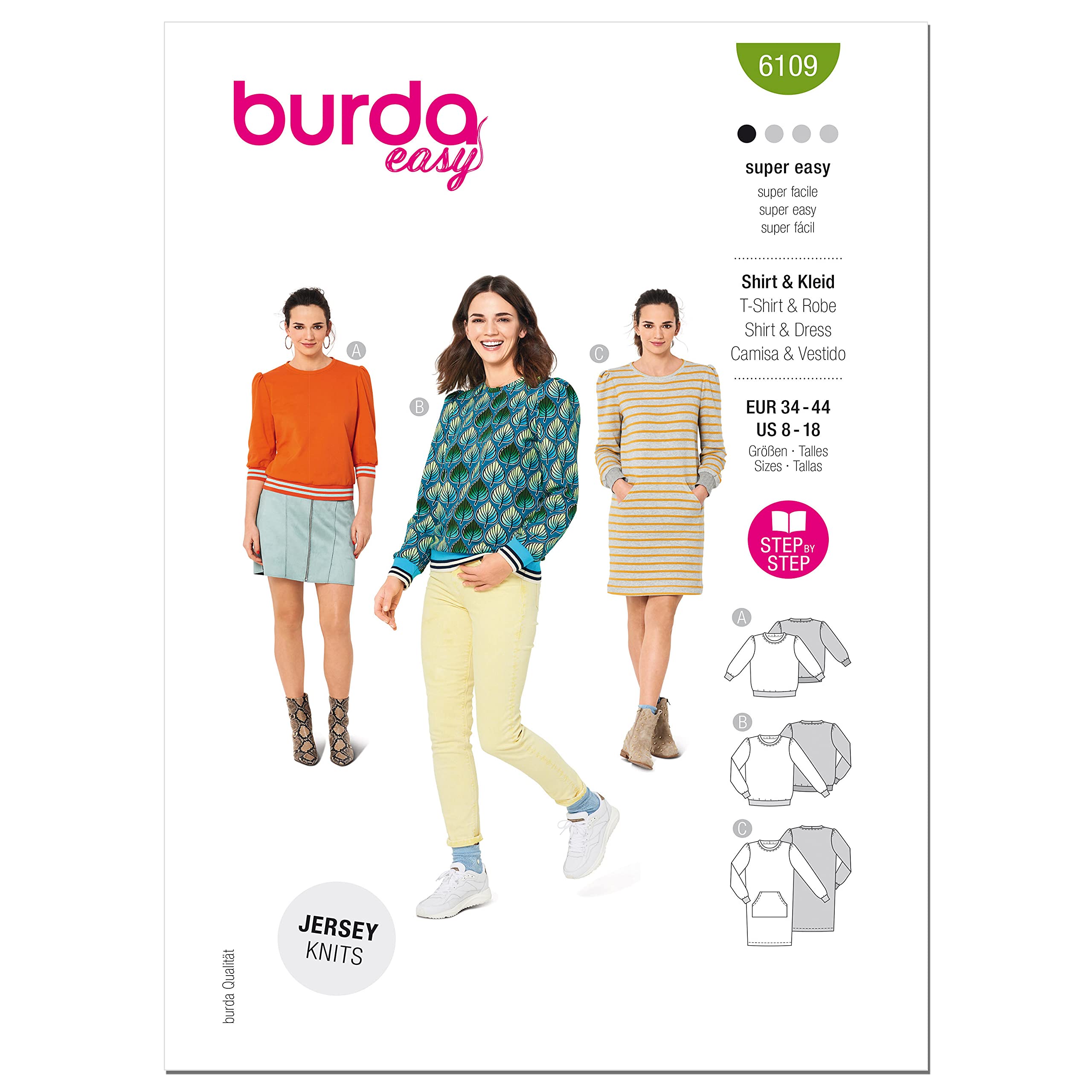 burda-easy-6109-schnittmuster-damen-shirt-kleid-gr-34-44-super-easy-jersey-schni image 1