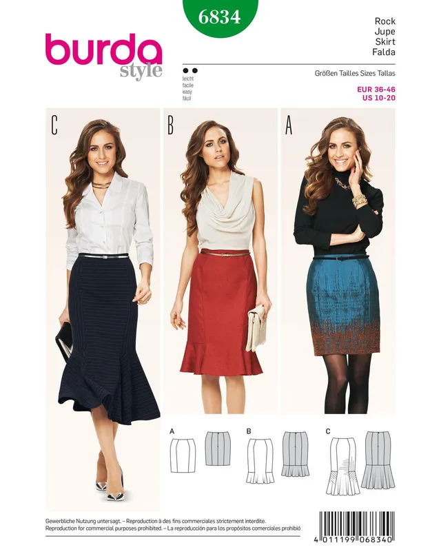 burda-style-6834-schnittmuster-damen-bahnenrock-volantrock-gr-36-46 image 1