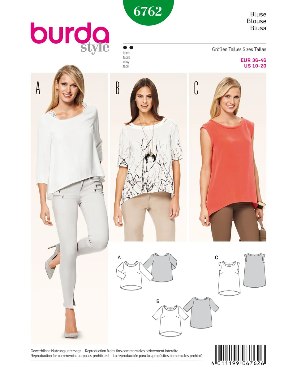burda-style-6762-schnittmuster-damen-bluse-shirt-boxy-deko-hals-gr-36-46 image 1