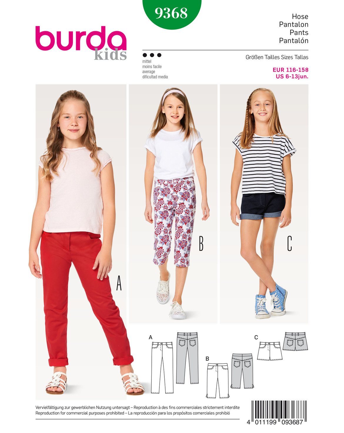 burda-9368-schnittmuster-kids-hose-jeans-shorts-gr-116-158-level-mittel image 1