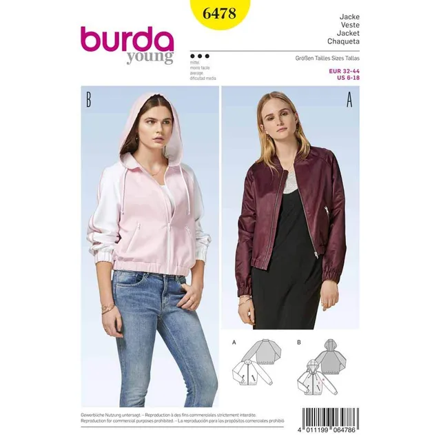 burda-style-6478-damen-schnittmuster-college-jacke-mit-stehkragen-kapuze-gr-32-4 image 1