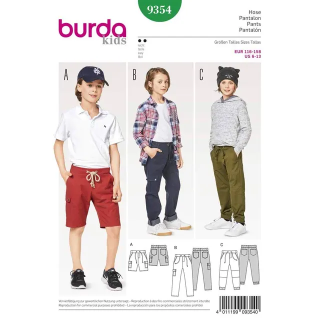 burda-kids-schnittmuster-9354-kinder-hose-shorts-gr-116-158 image 1