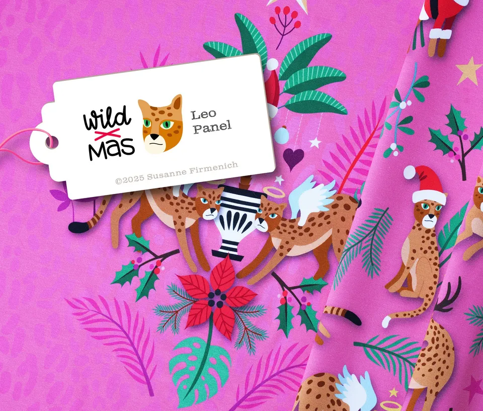 albstoffe-wild-xmas-2025-leo-panel-pink-canvas-meterware image 1