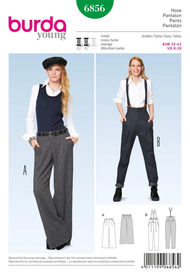 burda-style-6856-schnittmuster-damen-hose-bundfalten-marlene-hose-hosentr-ger image 1