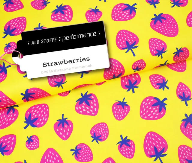albstoffe-performance-strawberries-gelb-active-wear-stoff-meterware image 1