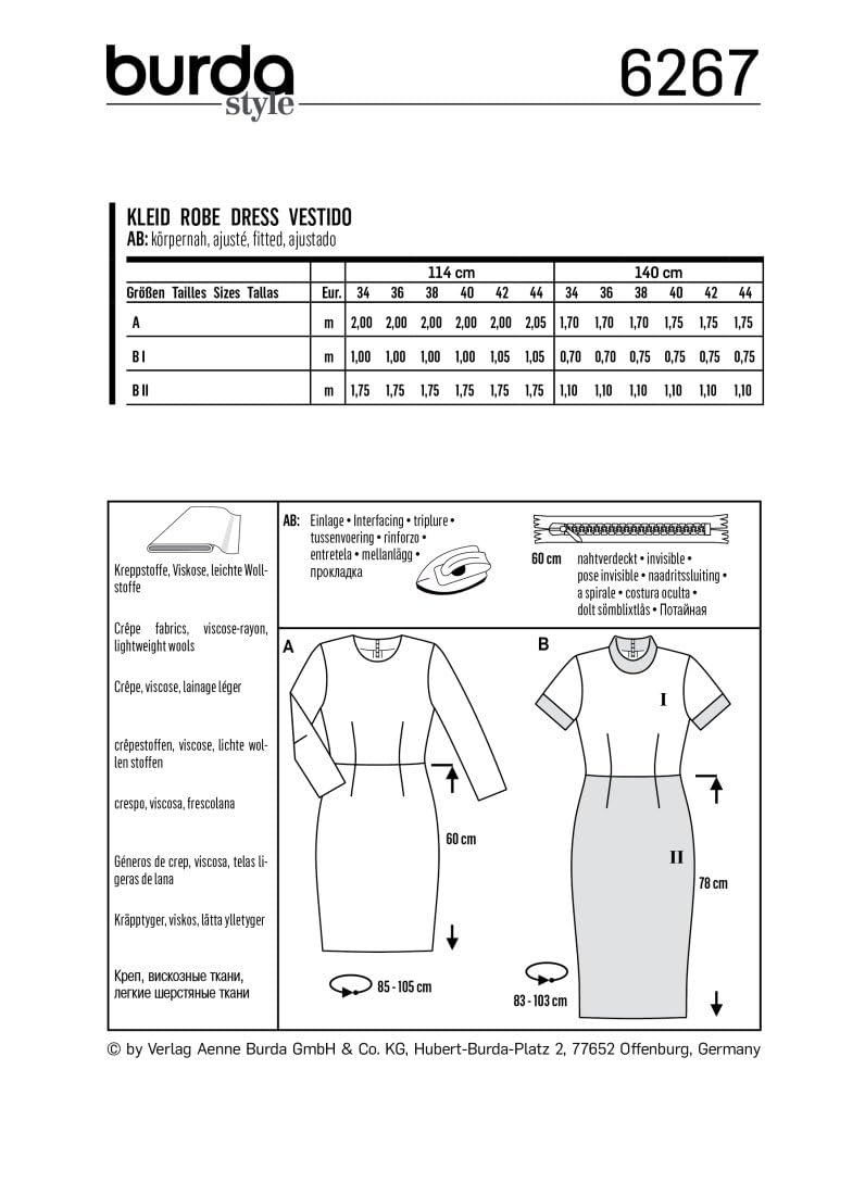 burda-style-schnittmuster-6267-etuikleid-damen-34-44-mit-3-4-rmel-und-stehkragen image 2