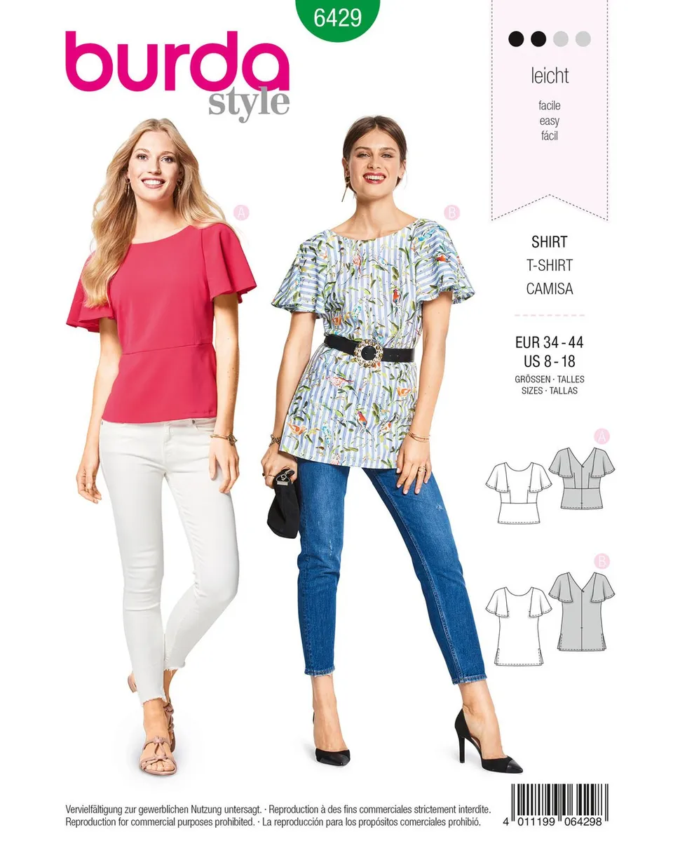burda-style-6429-schnittmuster-t-shirt-bluse-mit-v-r-cken-gr-34-44 image 1