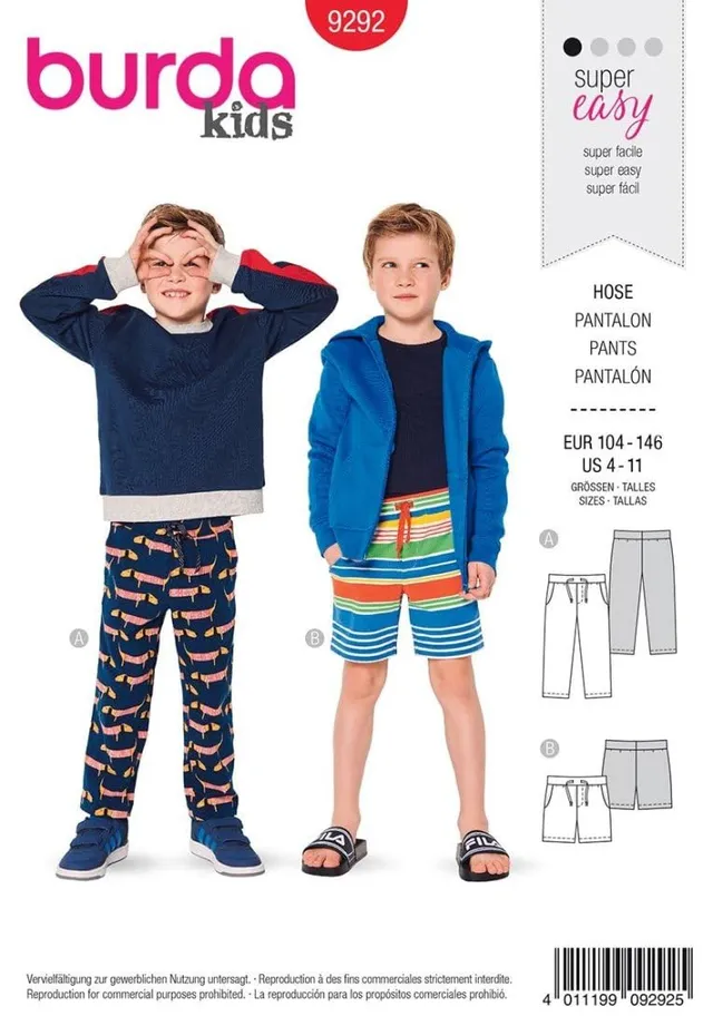 burda-kids-schnittmuster-9292-kinder-hose-lange-und-kurze-hose-super-easy image 1