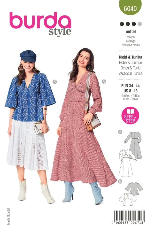 burda-style-katalog-schnittmuster-6040-maxikleid-und-tunika-bluse-damen-gr-34-44 image 1