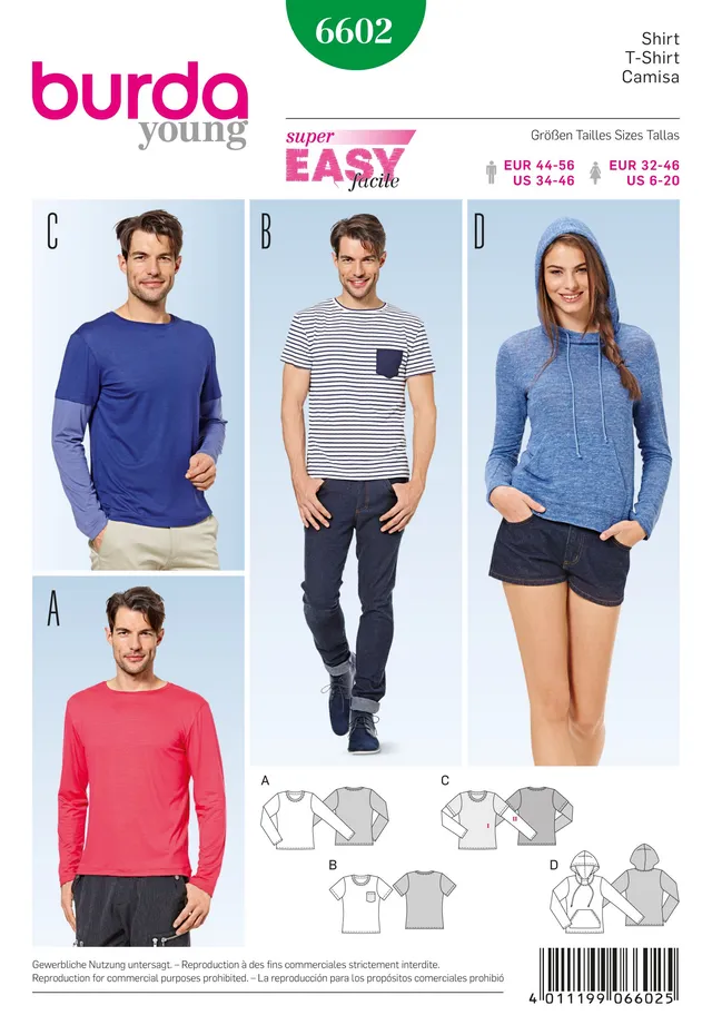 burda-style-6602-unisex-t-shirt-und-longsleeve-schnittmuster-gr-32-46-44-56 image 1